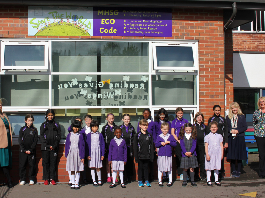 Prep Eco Council with Head Mistress, Mrs Jeys (left), Head of Prep, Mrs Mortimer (right) and Mrs Adam (Far Right)