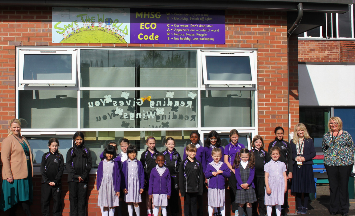 Prep Eco Council with Head Mistress, Mrs Jeys (left), Head of Prep, Mrs Mortimer (right) and Mrs Adam (Far Right)