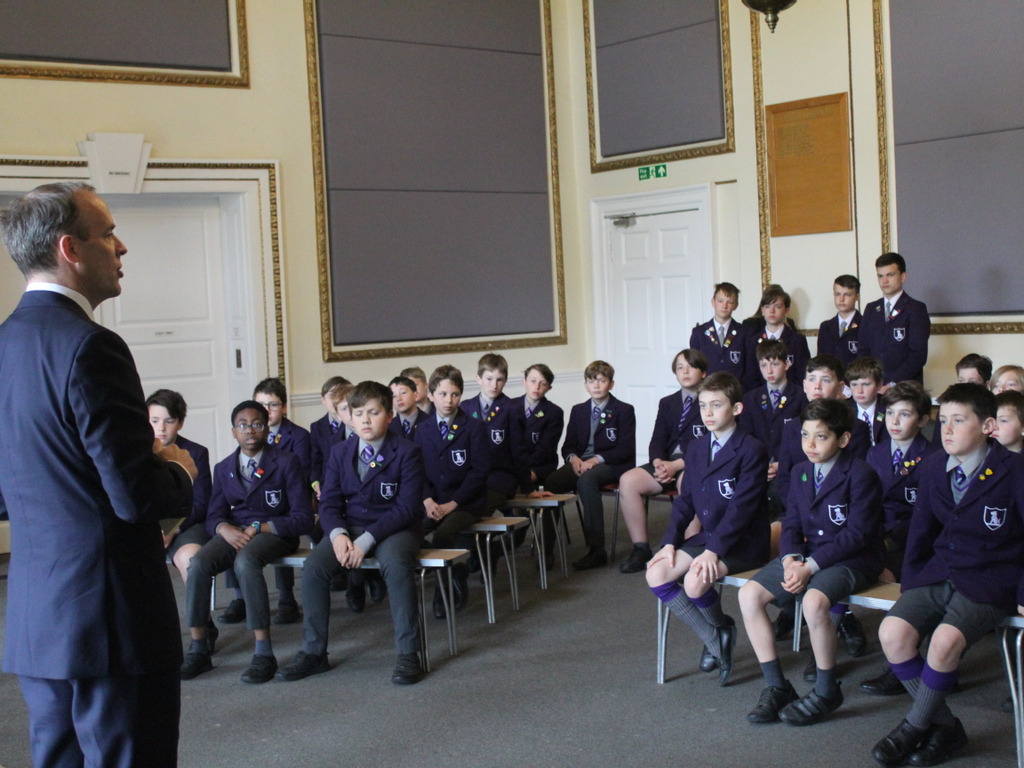 First Secretary of State, Dominic Raab, answers questions at Parkside School assembly