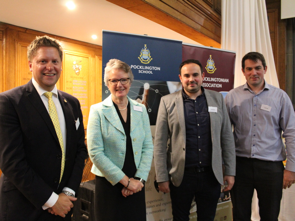 LtoR: Toby Seth, Headmaster, Joan Gough, President of the Old Pocklingtonian Association, Lewis Papa and Josh Papa, Directors of Apex M & P Ltd.