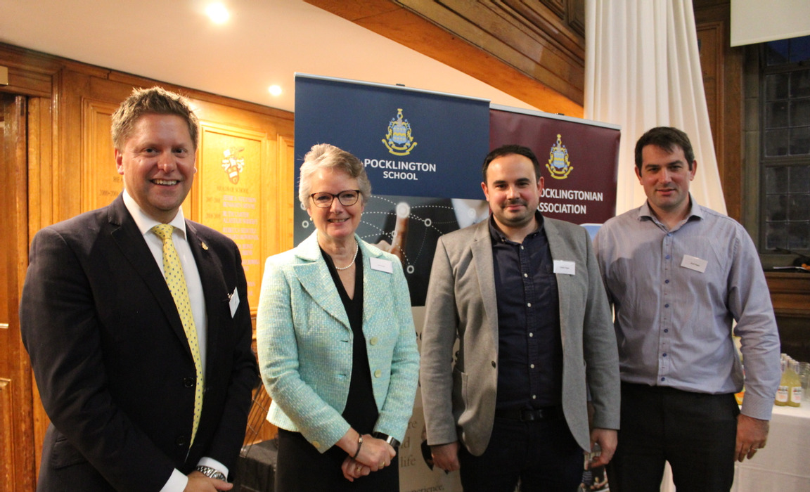 LtoR: Toby Seth, Headmaster, Joan Gough, President of the Old Pocklingtonian Association, Lewis Papa and Josh Papa, Directors of Apex M & P Ltd.